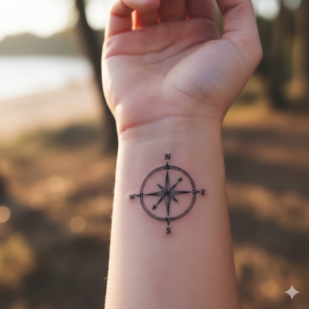 Fine-line compass tattoo on wrist with natural light
