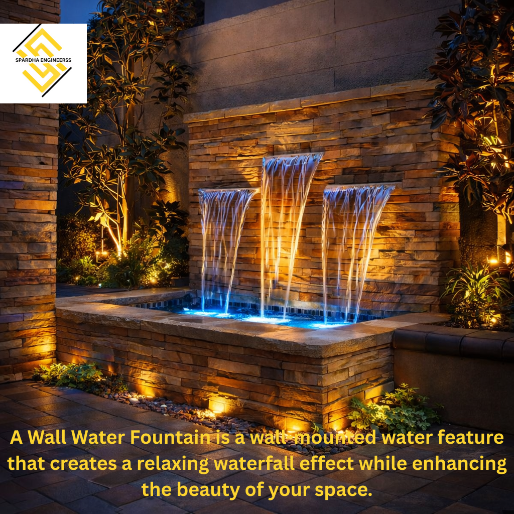 Modern Wall Water Fall Fountain Design with LED lighting in indoor living space