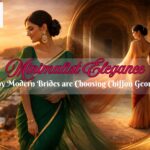 Modern bride in a flowing pure chiffon georgette saree for a pre-wedding shoot.